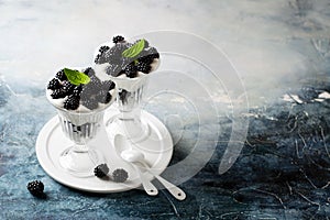 Nut milk dessert with blackberries