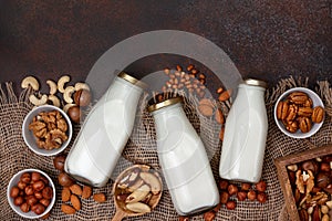 Nut milk in glass bottles