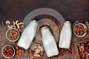 Nut milk in glass bottles photo