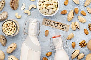 Nut milk and various nuts. Lactose free milk substitute