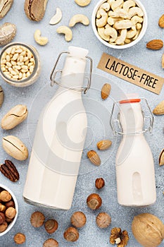 Nut milk and various nuts. Lactose free milk substitute
