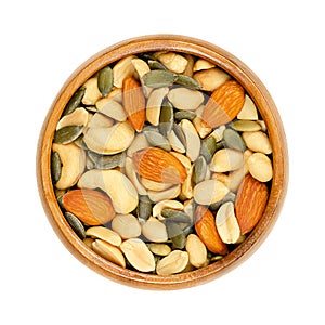 Nut-seed mix, crunchy roasted and unsalted, in a wooden bowl