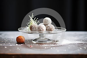 nut sprinkle over cacao balls on glass plate