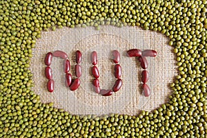 Nut text made by group of beans and lentils