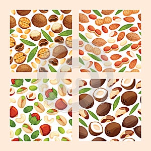 Nut vector seamless pattern nutshell of hazelnut or walnut and almond nuts backdrop set nutrition with cashew peanut and