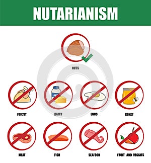 Nutarianism. Types of diets and nutrition plans from weight loss collection outline set. Eating model for wellness and health care