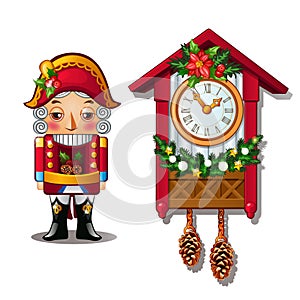 The Nutcracker and the antique cuckoo clock isolated on a white background. Vector illustration.