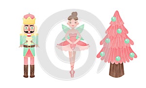 Nutcracker, ballerina, and pink Christmas tree. Fairy tale clip art.