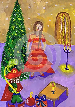 Nutcracker and girl Marie near the Christmas tree. Illustration of the tale of E. T. A. Hoffmann  `The Nutcracker and the Mouse Ki