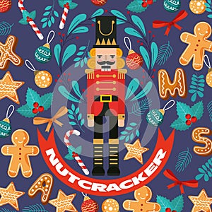 Nutcracker over christmas pattern. vector