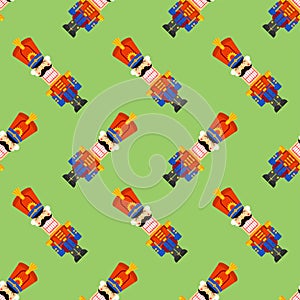 Nutcracker retro soldier pattern seamless. Wooden Guardsman background. Hussar toy ornament. Baby fabric texture. vector