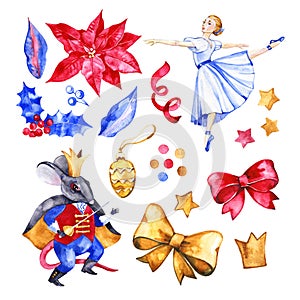 Nutcracker. Retro toys set. Watercolor kids game items: magic wand. Isolated objects for banner, headers, website