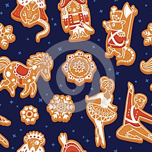 Christmas gingerbread seamless pattern with with Nutcracker characters. Vector illustration