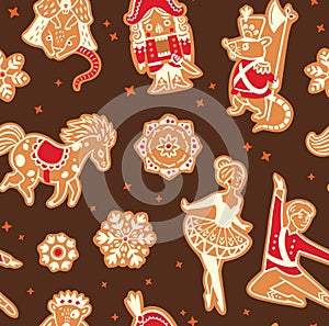 Christmas gingerbread seamless pattern with with Nutcracker characters. Vector illustration