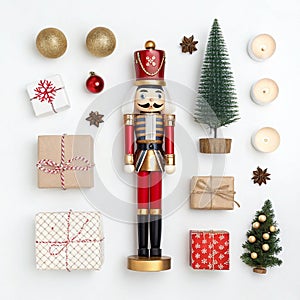 Nutcracker set with Christmas items around isolated on white