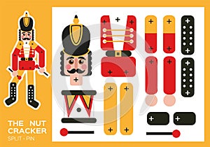Nutcracker Split-Pin Paper Cut Game. Christmas craft activity for kids. Enjoy fine motor skills. New Year making puppet