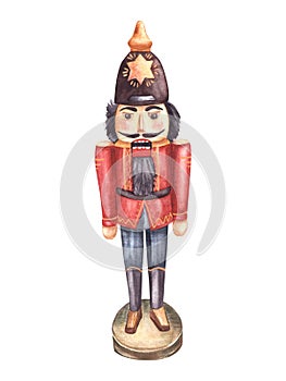 Nutcracker. Vintage Christmas tree toy. Retro wooden soldier, watercolor hand painted illustration