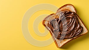 Nutella toast, pastel yellow background,copy space