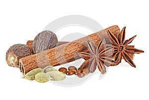 Nutmeg, cinnamon, cardamom and star anise isolated on white background