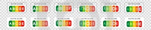 Nutri-Score labels with classification letters on transparent background. Nutritional quality of foods stickers used in