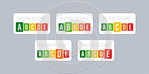 Nutri score for packaging design. Logo, icon, label. Vector stock illustration