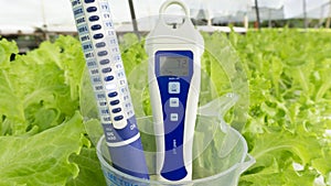 Nutrient Meter and pH meter in Metric Cup on Green salad vegetables background.