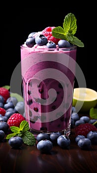 Nutrient packed breakfast blueberry smoothie with fresh, vibrant berries