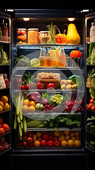 Nutrient rich array Refrigerator stocked with fresh fruits and vegetables