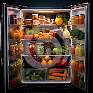 Nutrient rich array Refrigerator stocked with fresh fruits and vegetables
