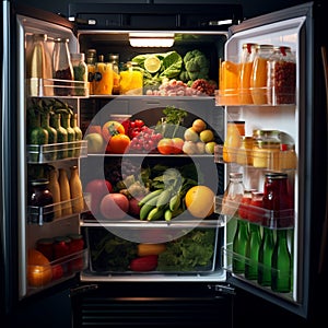 Nutrient rich array Refrigerator stocked with fresh fruits and vegetables