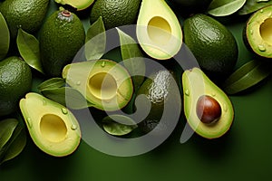 Nutrient rich display Fresh avocados arranged on lush green background