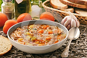 Nutrient soup with meat, rice and vegetables - mastava uzbek kitchen.