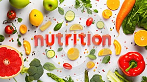Nutrion title text food lettering, on table with juicy fruits around, kiwi, apples, strawberries, oranges and mandarin photo