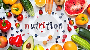 Nutrion title text food lettering, on table with vegetables, berries and fruits, pepper, avocado and cucumber, apples photo