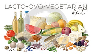 Nutrition concept for Lacto Ovo Vegetarian diet. Assortment of healthy food ingredients for cooking. Hand drawn