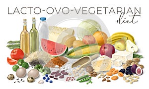Nutrition concept for Lacto Ovo Vegetarian diet. Assortment of healthy food ingredients for cooking. Hand drawn photo