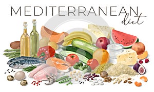 Nutrition concept for Mediterranean diet. Assortment of healthy food ingredients for cooking. Hand drawn illustration.