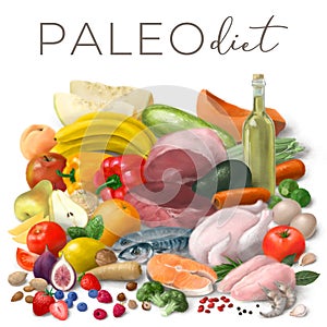 Nutrition concept for Paleo diet. Assortment of healthy food ingredients for cooking. Hand drawn illustration