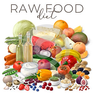 Nutrition concept for Raw food diet. Assortment of healthy food ingredients for cooking. Hand drawn illustration