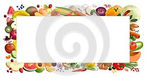 Nutrition concept for Vegan food. Healthy products. Assortment of healthy nutrition. Decorative horizontal frame