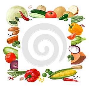 Nutrition concept for Vegan food. Healthy products. Assortment of healthy nutrition. Decorative square frame. Template