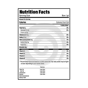 Nutrition Facts information label for box. Daily value ingredient calories, cholesterol and fats in grams and percent