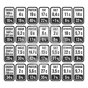 Nutrition Facts Information Label Set on White Background. Vector