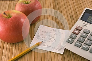 Nutrition information, an apple and a calculator