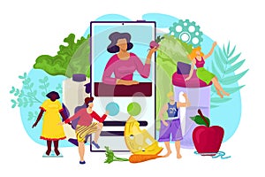 Nutrition online app for healthy woman diet in smartphone concept, vector illustration. Sport fitness lifestyle, cartoon