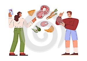 Nutrition tracking illustration with characters on isolated background.