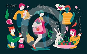 Nutrition and vegetarianism - modern colored vector illustration set