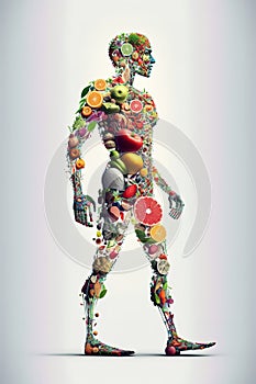 Nutritional concept. Huma body made of variety of fruits and vegetables photo