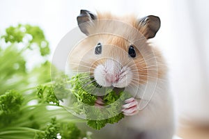 Nutritional delight: cute hamster munching on parsley