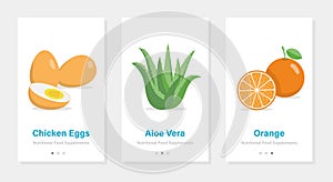 Nutritional food supplements onboarding. Isolated vector vertical templates for mobile applications